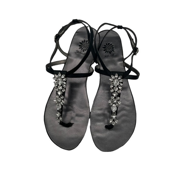 Yellow Box Windflower Embellished Black T-Strap Sandals Size 7 1/2 Women's - Picture 5 of 11